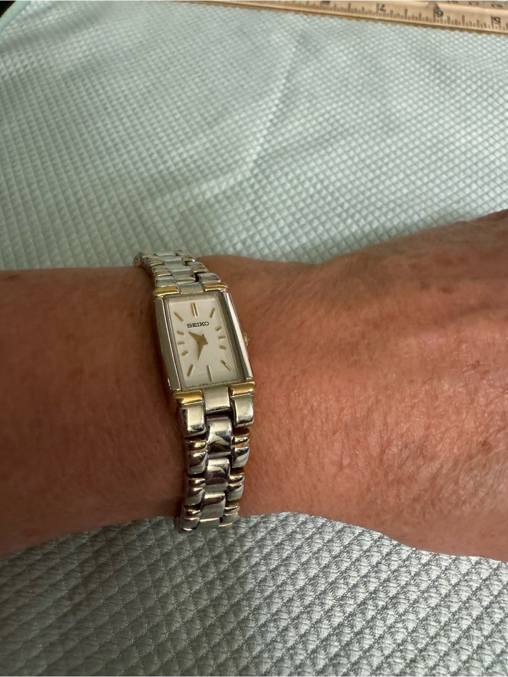 Rare Seiko Two-Tone White Faced Rectangular Bracelet Watch